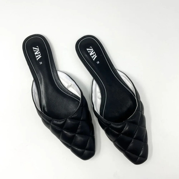 Zara Quilted Vegan Leather Flat Mules Shoes  Black Size 7.5 - Picture 4 of 8